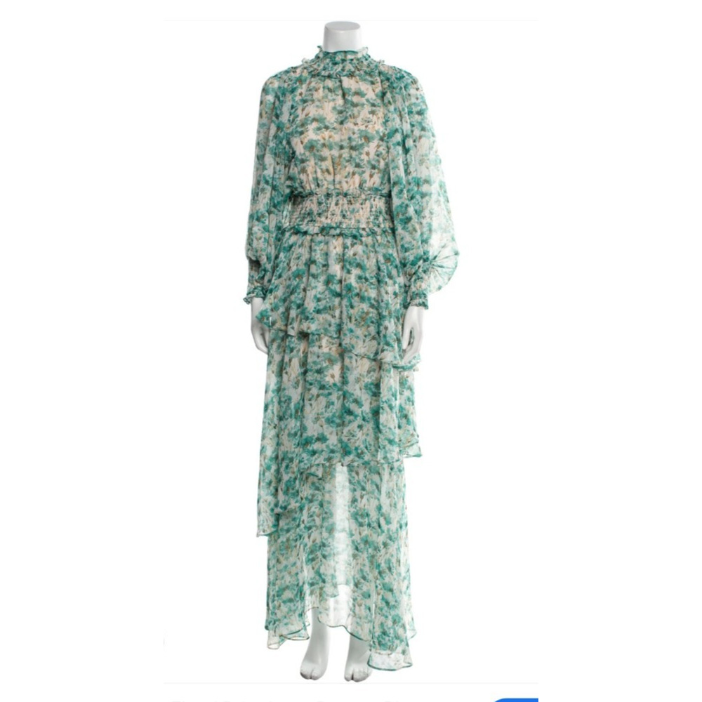 Elliatt Floral Joplin Smocked Tiered Maxi Dress XS Balloon Sleeves Feminine